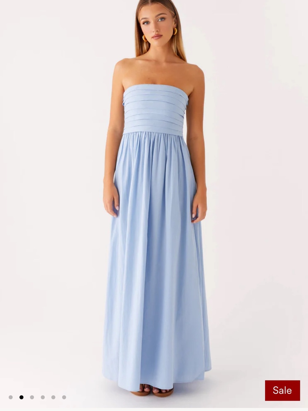 Peppermayo Light Blue Strapless Pleated Maxi Dress